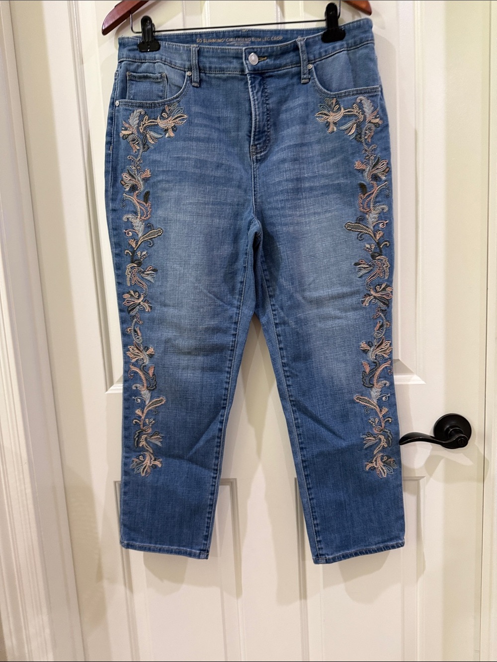 Chico's So Slimming Girlfriend Slim Leg Crop Jeans with Floral Embroidery
